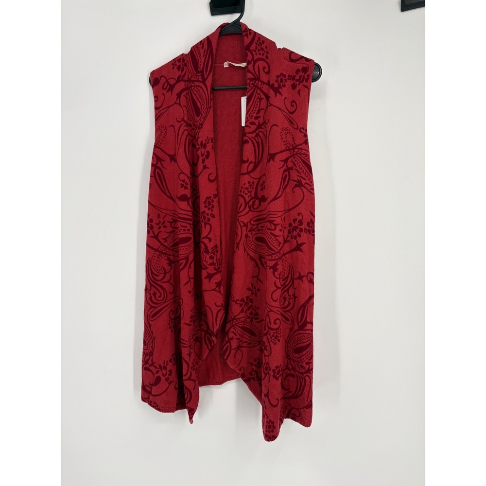 Soft Surroundings Vest Womens L Red Paisley Knit Cardigan Cotton Sleeveless Boho